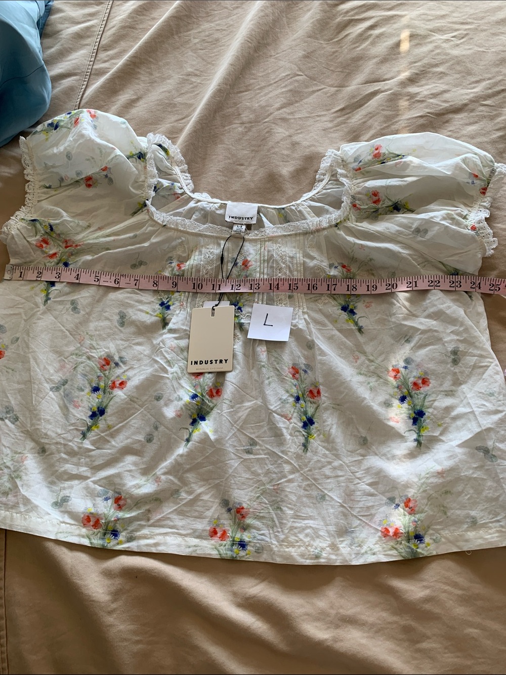 INDUSTRY Floral Puff-Sleeve Peasant Blouse with Lace Trim - Picture 5 of 7